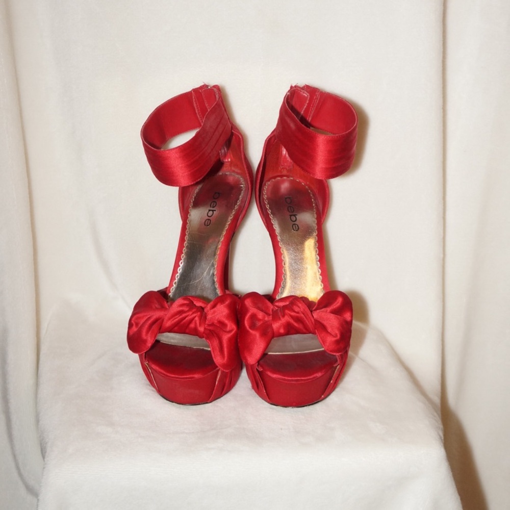 Red Satin Bebe Bow Heels
